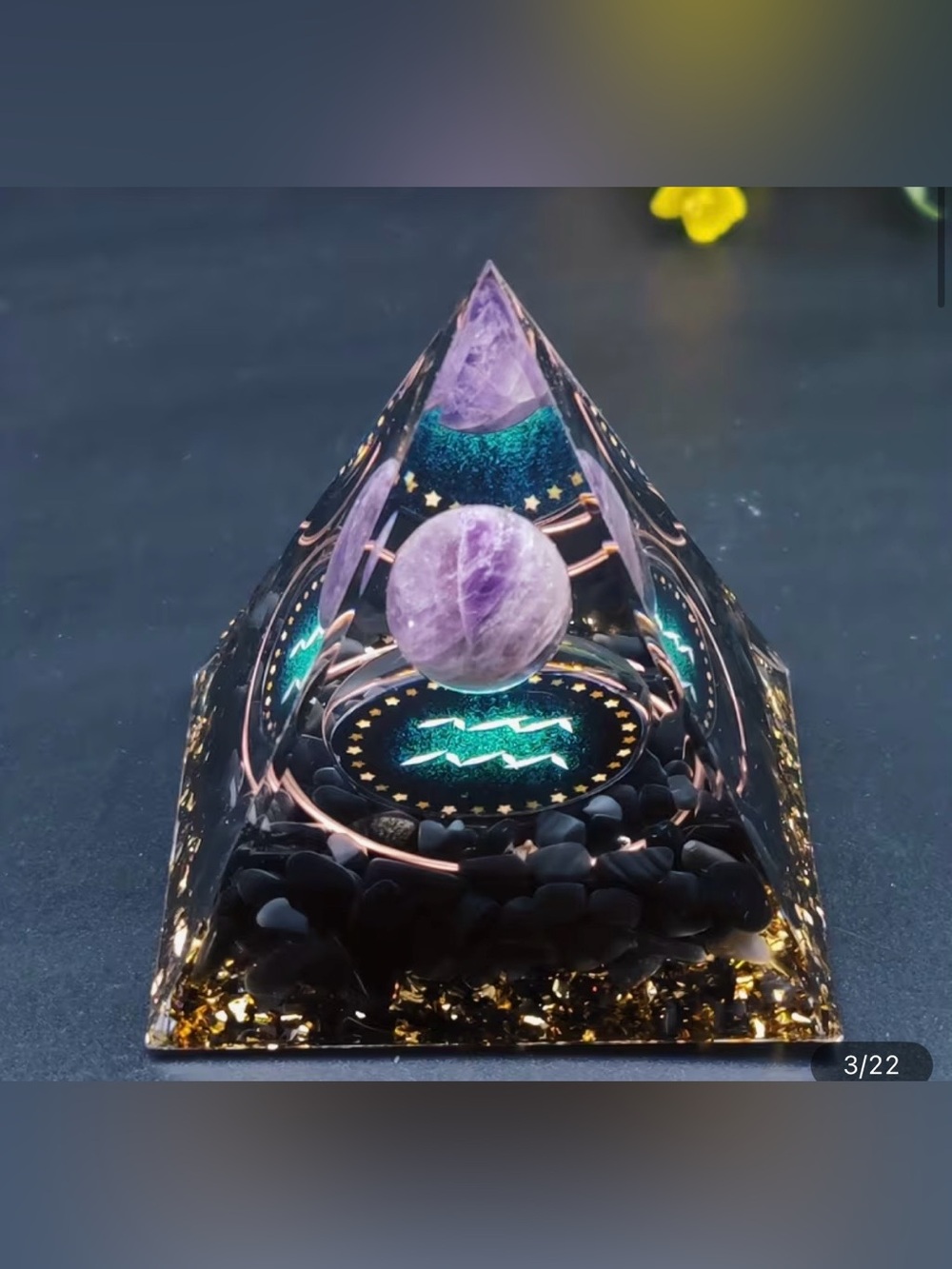 Orgone Purple Amethyst Pyramid Energy Tower with Floating Sphere